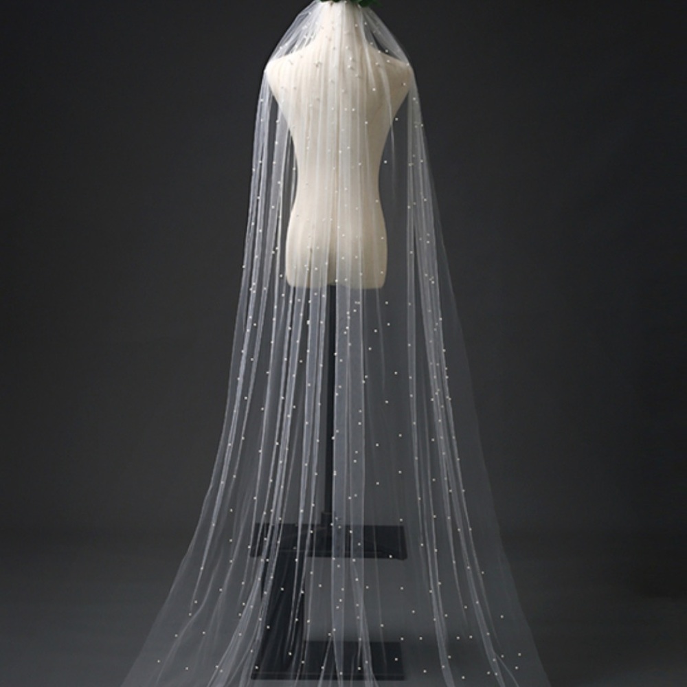 One-tier Chapel Bridal Veil With Faux Pearl Wedding